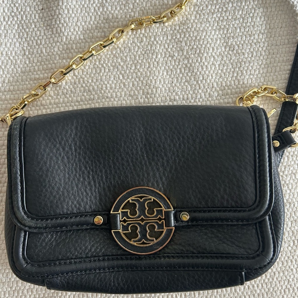 Tory Burch Black Leather Crossbody Bag with Gold Chain